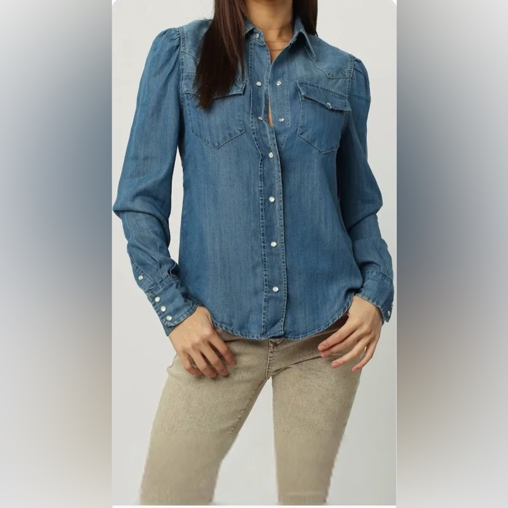 DEAR JOHN FRANCESCA PUFF SHOULDER LONG SLEEVE DENIM TOP | SIZE L | DRY CLEANED